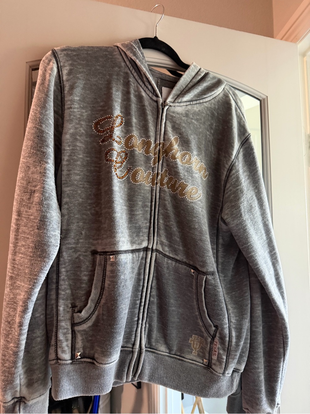 Texas Longhorn Gray Rhinestone Script Zip Hoodie